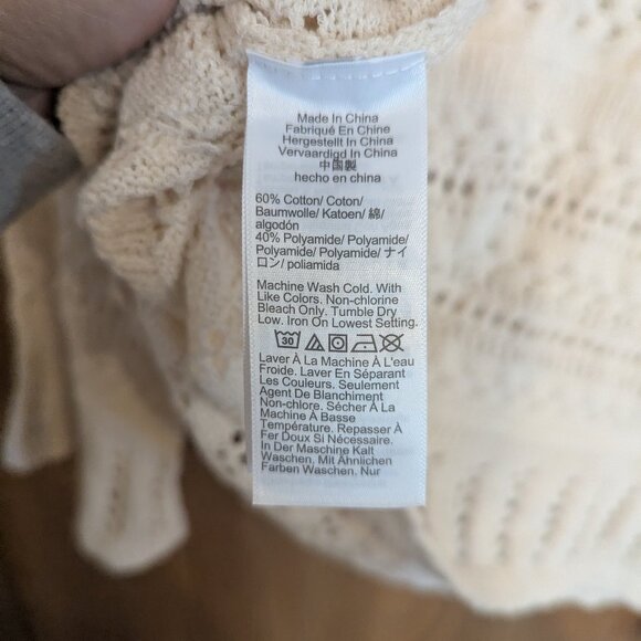 Madewell Open Knit Scalloped Trim 3/4 Sleeve Cotton Blend Sweater Cream Boho-M - Picture 3 of 6